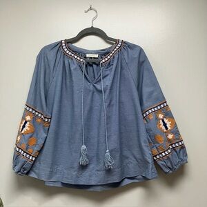 Embroidered Blue Top with Orange Accents
